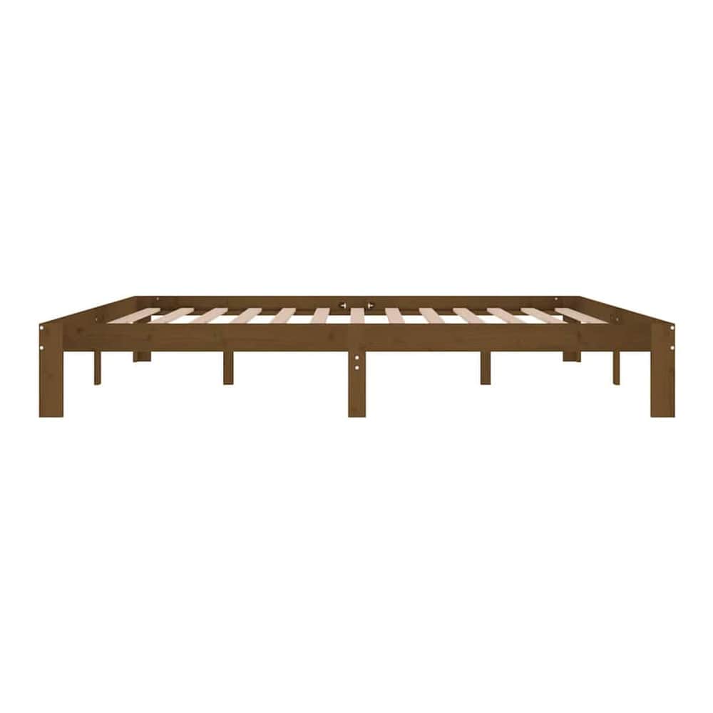 the honey brown wooden bed frame without a mattress, viewed from the back