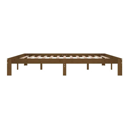 the honey brown wooden bed frame without a mattress, viewed from the back