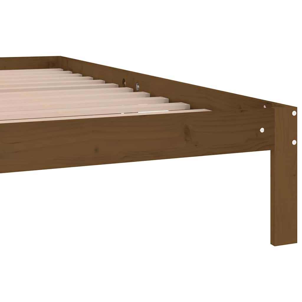 close up of the corner join on the honey brown wooden bed frame