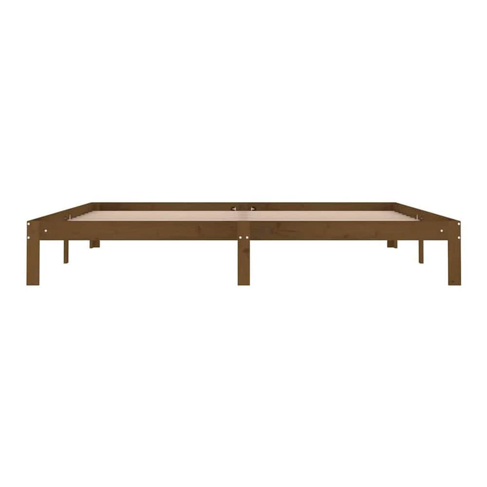 the honey brown wooden bed frame without a mattress, viewed from the front