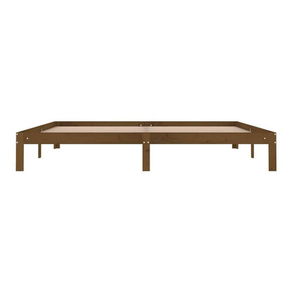 the honey brown wooden bed frame without a mattress, viewed from the front