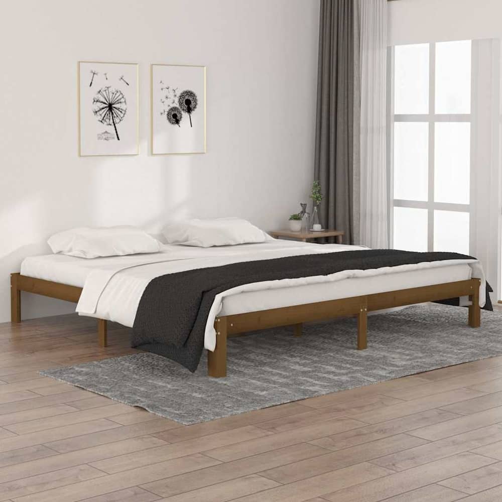 vidaXL Bed Frame without Mattress Honey Brown, a wooden bed frame with a mattress and bedding in a room