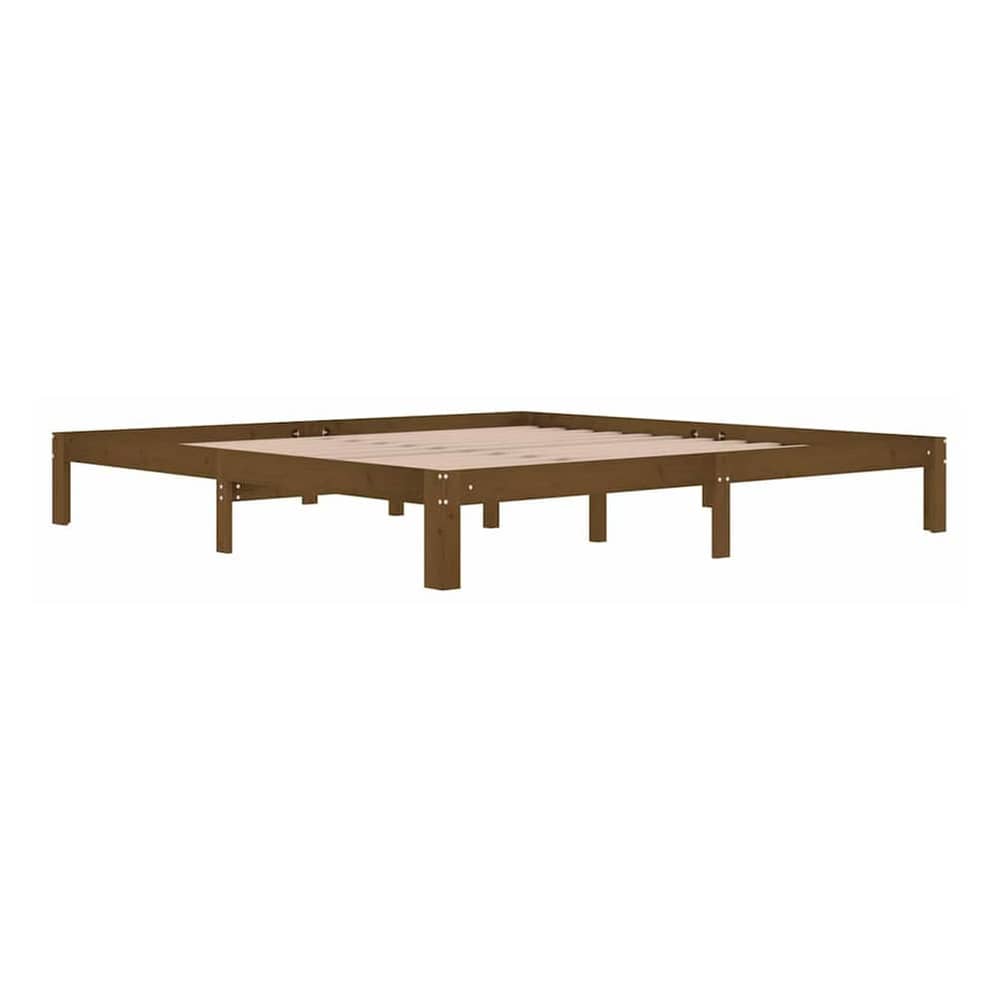 the honey brown wooden bed frame without a mattress, viewed from above