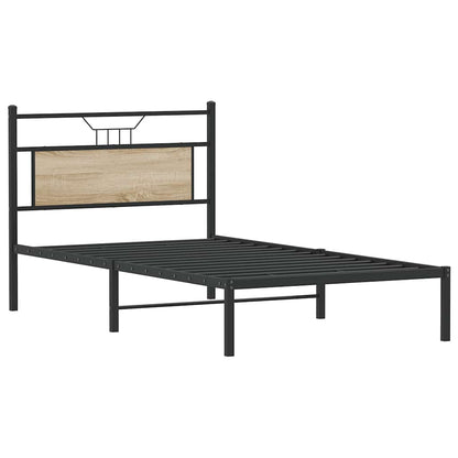 The metal bed frame without a mattress, showing the slatted base and legs