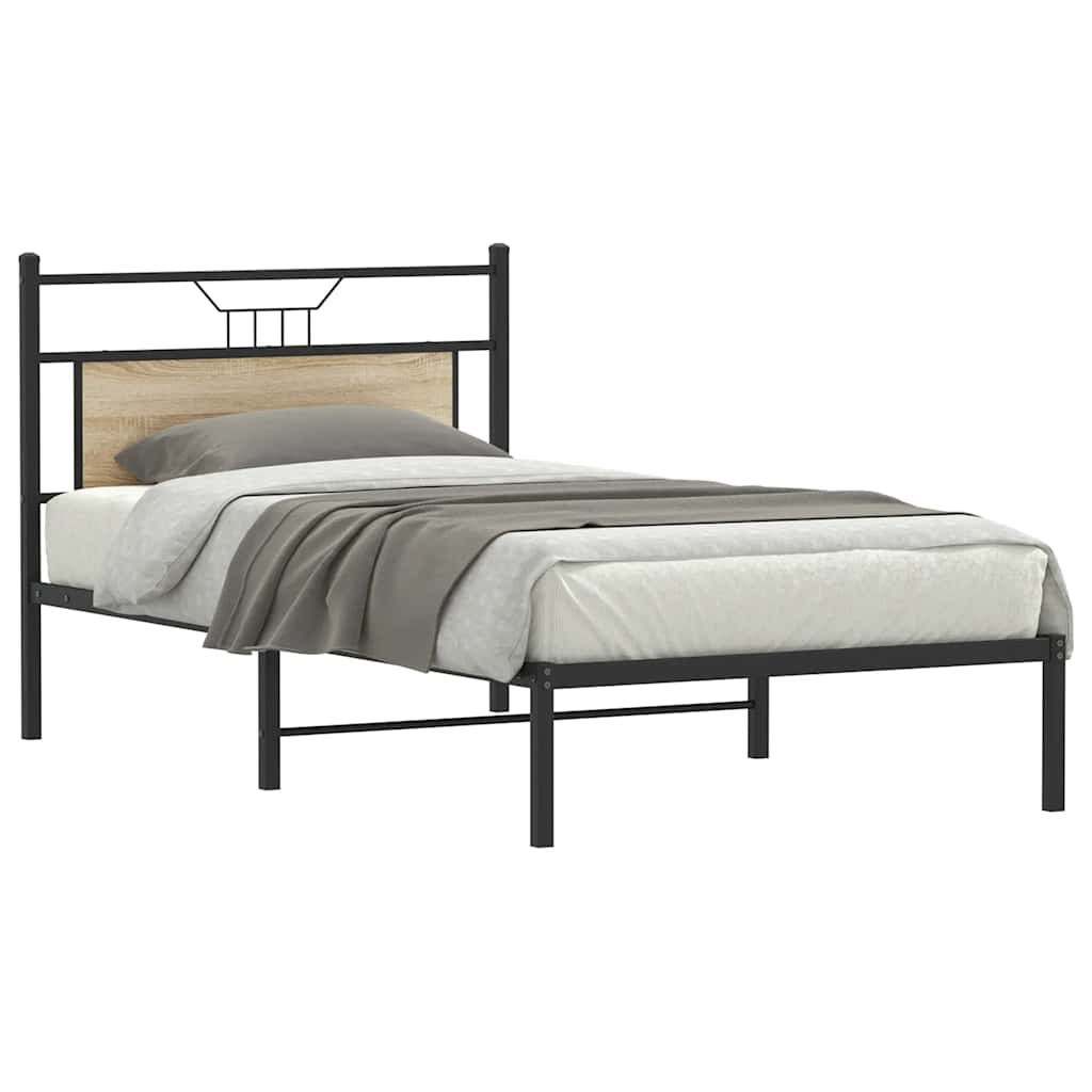 A metal bed frame with a light wood effect headboard panel and black legs