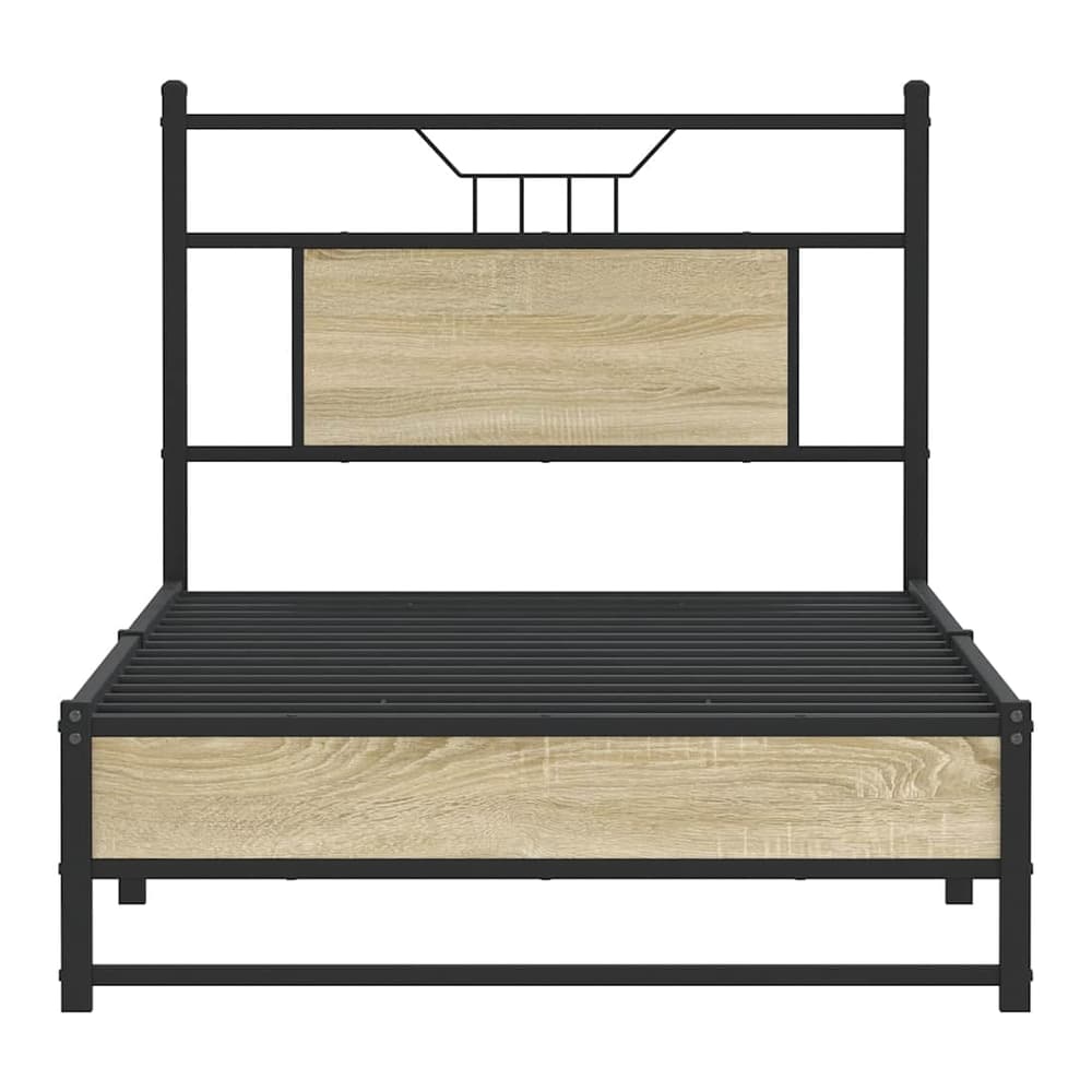 Close up of the bed frame structure showing metal and wood effect panels