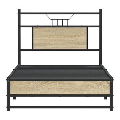 Close up of the bed frame structure showing metal and wood effect panels