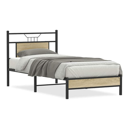 The single bed frame with a metal frame and wooden effect panels