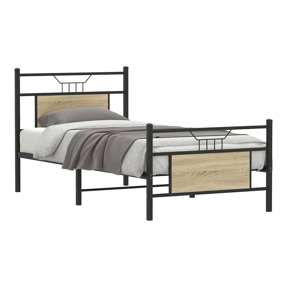 vidaXL Bed Frame without Mattress Sonoma Oak Engineered Wood, a metal bed frame with wooden effect panels