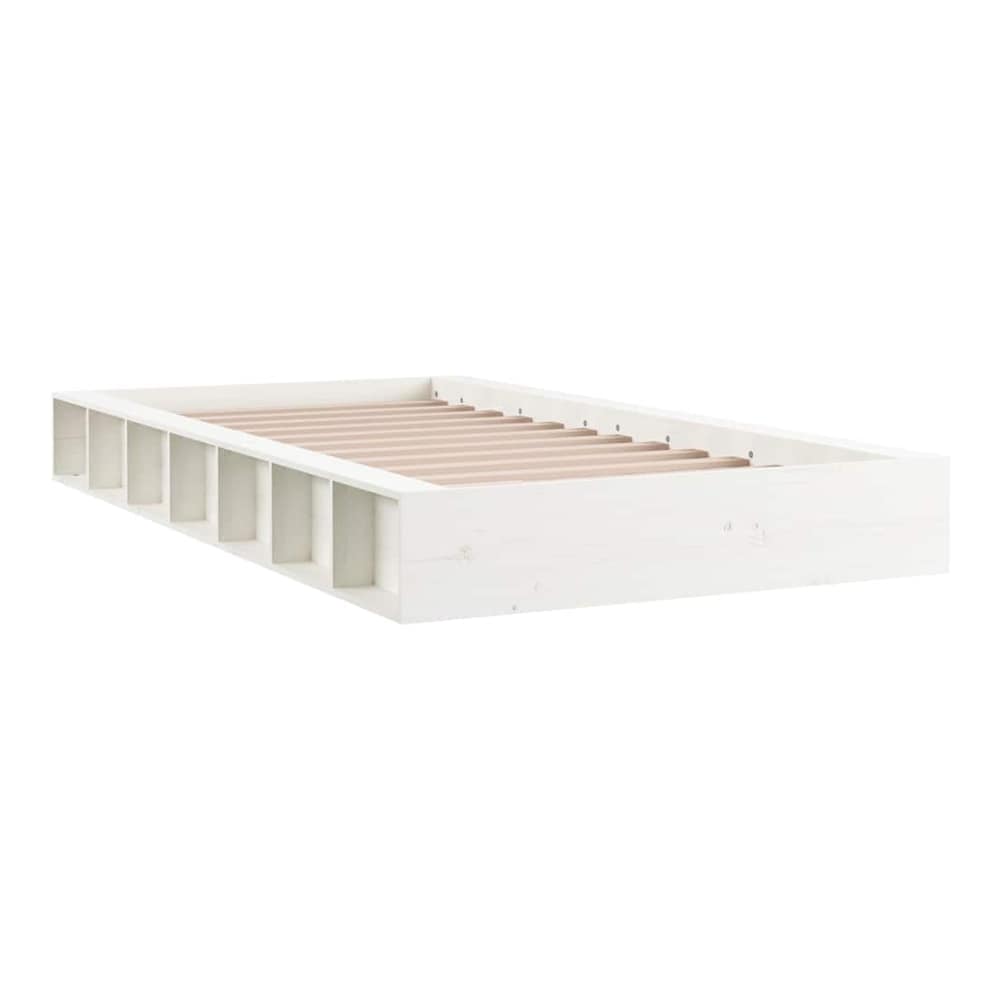 the bed frame showing the slatted base and the side storage compartments