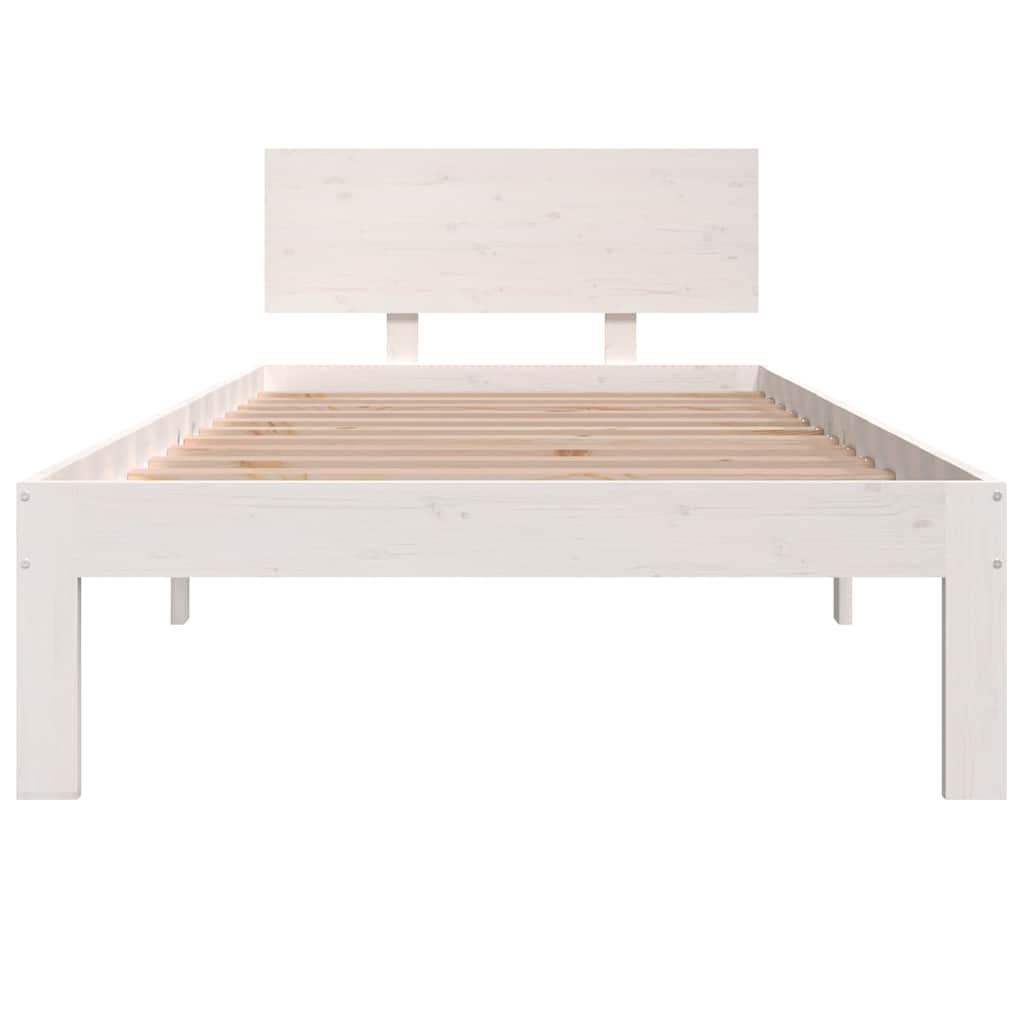The white bed frame viewed from the front showing the headboard and wooden slats