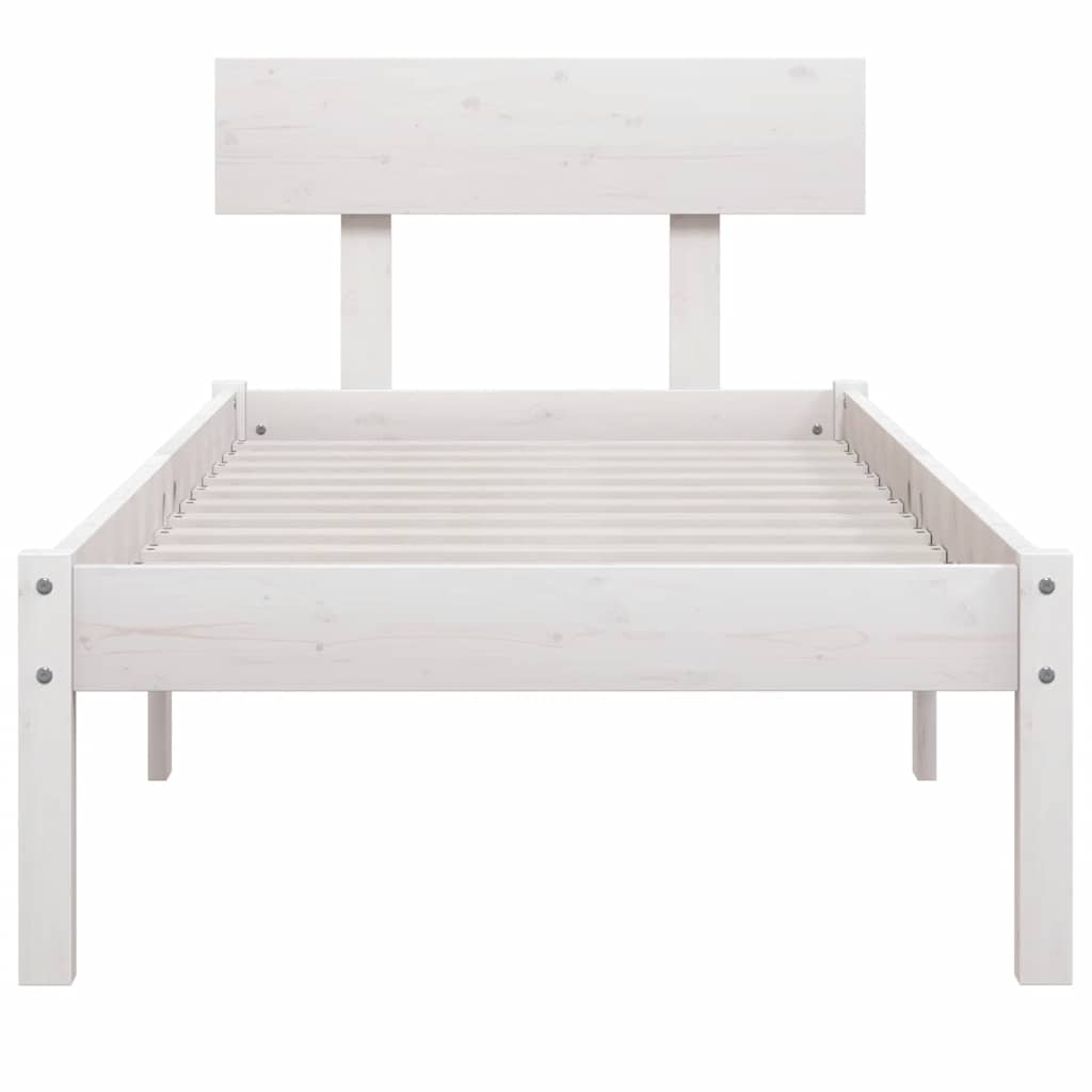 The white wooden bed frame shown from the front, with slats