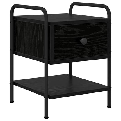 The bedside table featuring a black wood grain finish and a lower storage shelf