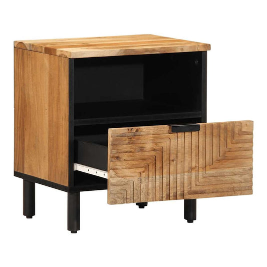 The bedside cabinet with its drawer open and a shelf above