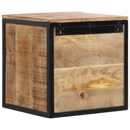 The bedside table from the back, showing the solid wood mango and metal frame