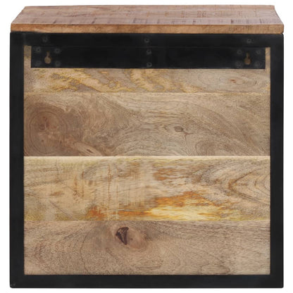 Close-up of the bedside table showing the wood grain and metal frame details