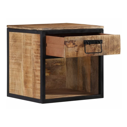 The bedside cabinet with the drawer open showing the inside space