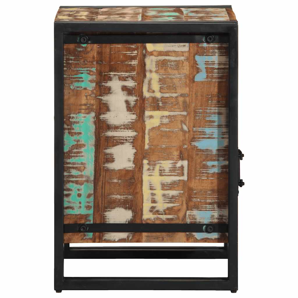 The back of the bedside table showing the reclaimed wood construction
