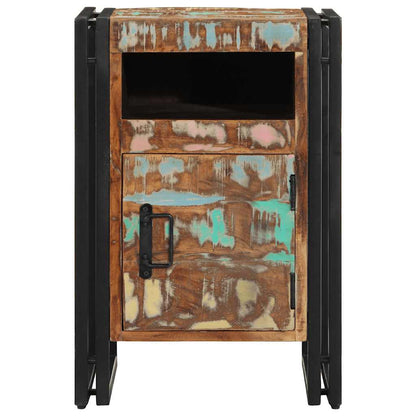 This bedside table has a metal frame and colourful distressed wood panels on the front
