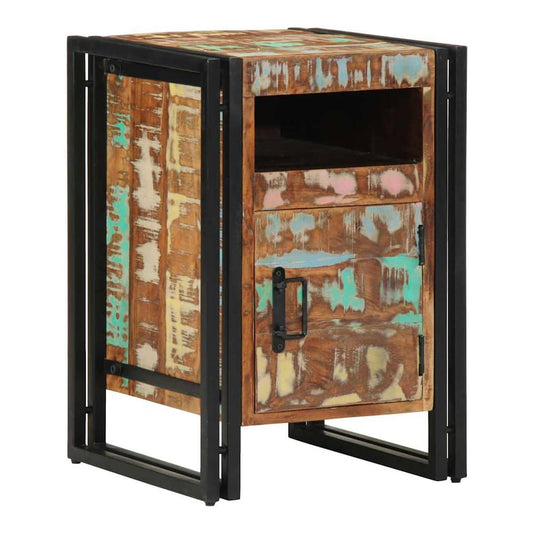 vidaXL Bedside Cabinet Solid Wood Reclaimed with a metal frame and colourful distressed wood panels