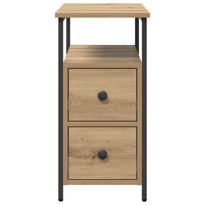 The bedside cabinet showing its two drawers and open top shelf