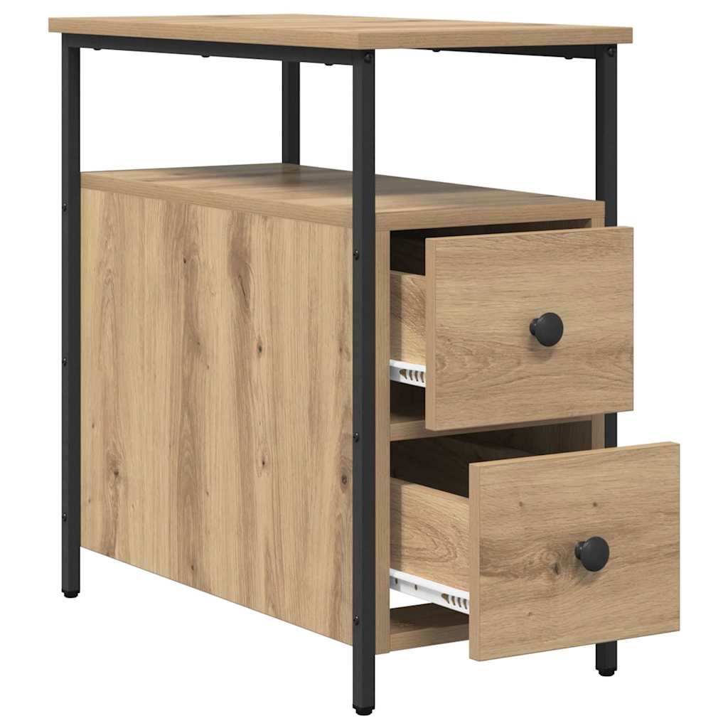 The bedside cabinet with drawers slightly ajar to show the runners