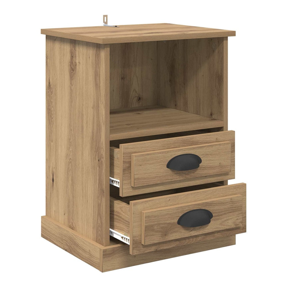 The bedside cabinet with both drawers pulled out to show the interior