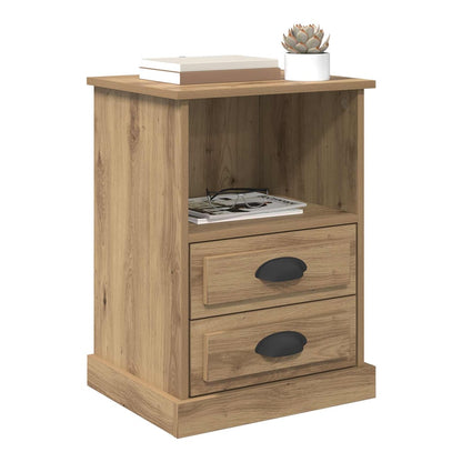 The artisan oak bedside cabinet with two drawers and an open shelf, with items on top