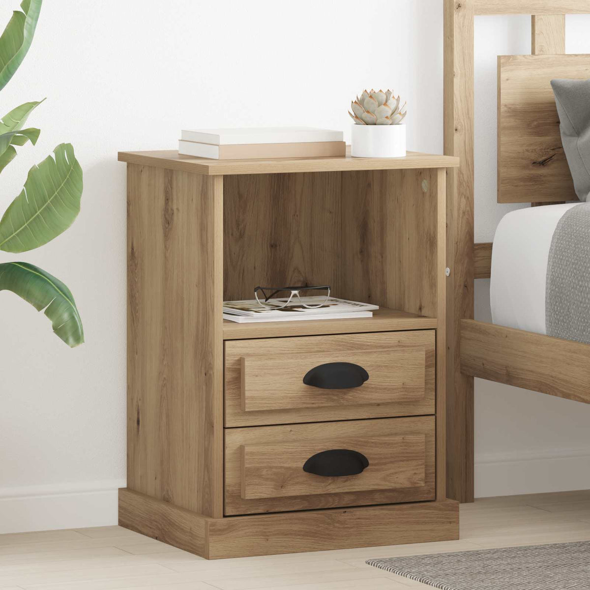 vidaXL Bedside Cabinet Artisan Oak Engineered Wood with two drawers and an open shelf