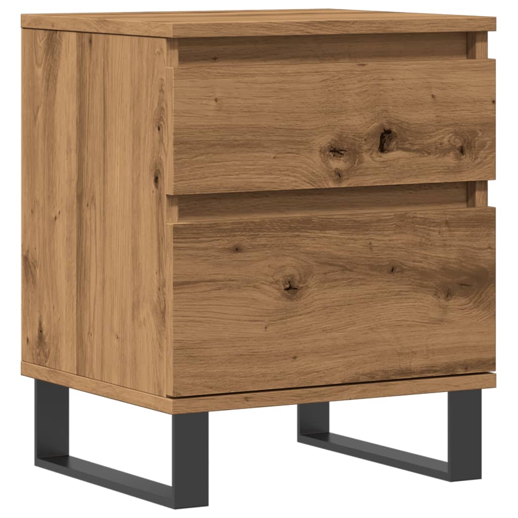 The bedside table with a wood grain finish and black metal legs