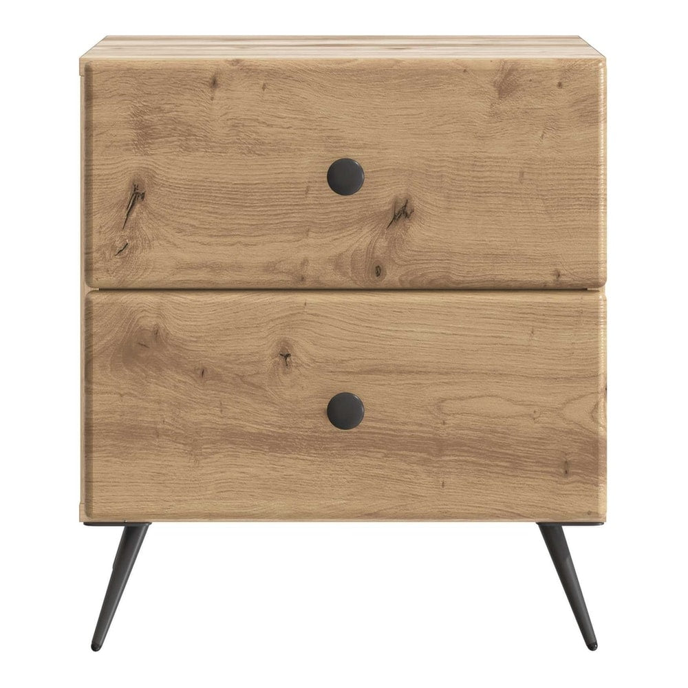 A close-up of the bedside cabinet showing the wood grain texture