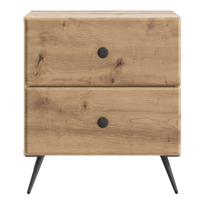 A close-up of the bedside cabinet showing the wood grain texture