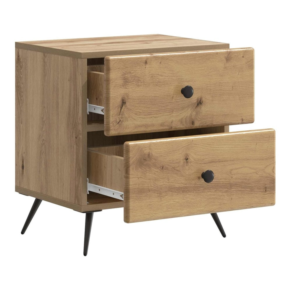 The bedside cabinet with both drawers pulled out to show storage space