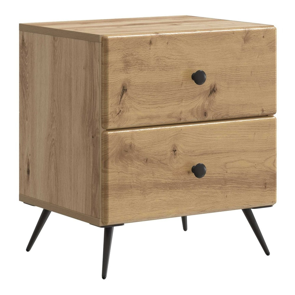 The bedside table has a natural wood grain finish and black metal legs