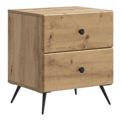 The bedside table has a natural wood grain finish and black metal legs