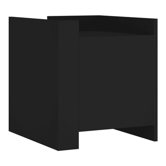 The black bedside table shown from a front angle against a plain white background