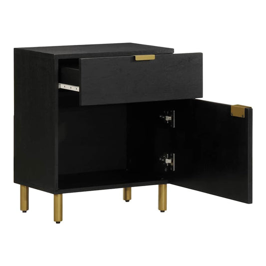The bedside table with the top drawer pulled out and the bottom cupboard door open