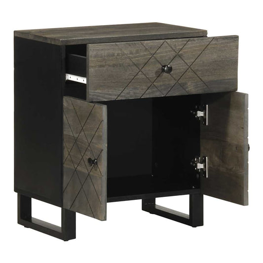 The bedside table with the drawer and lower cupboard doors open, showing the inside storage