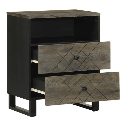 the bedside table with both drawers pulled out to show the metal runners