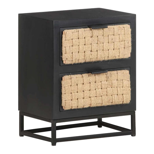 Bedside Cabinet Solid Mango Wood with two woven drawers and a metal frame