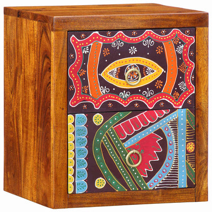 The bedside cabinet has a decorative pattern on its two drawers