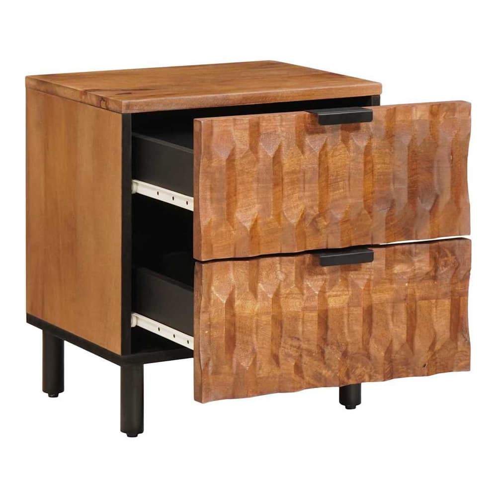The bedside cabinet with its two drawers pulled open showing the interior