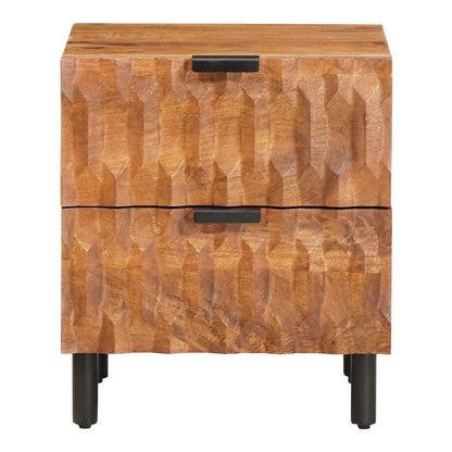 Brown bedside cabinet with carved front and black legs