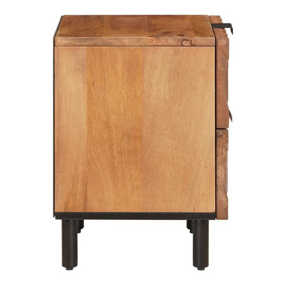 Side view of the brown bedside cabinet showing its construction