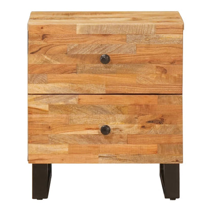 The bedside cabinet showing the front with two drawers and black metal legs
