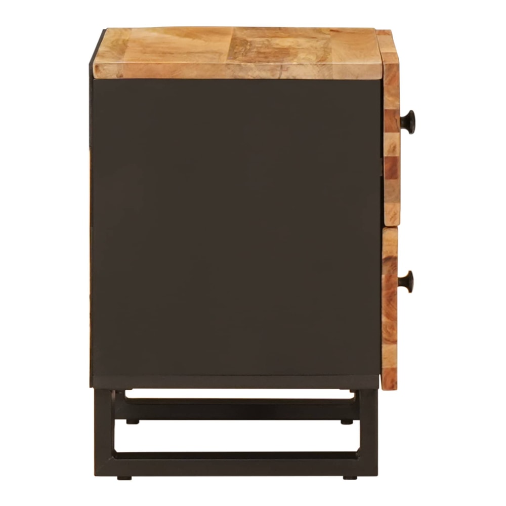 Side view of the bedside cabinet showing the wooden front and black metal sides