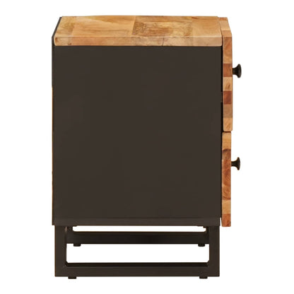 Side view of the bedside cabinet showing the wooden front and black metal sides