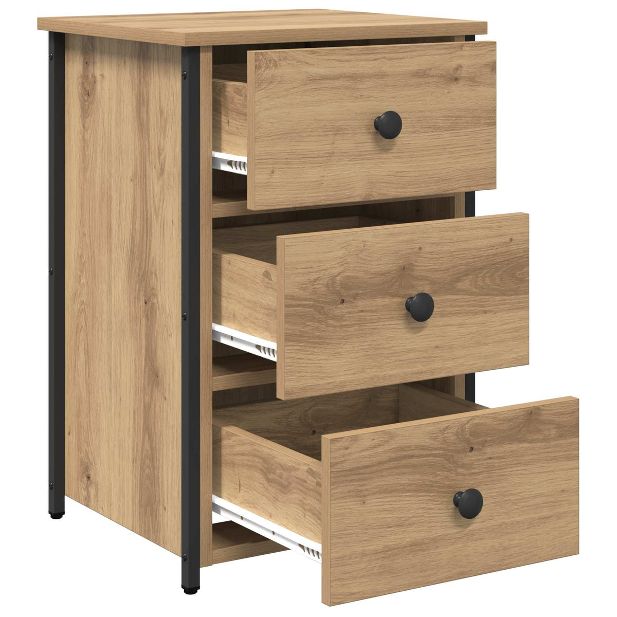 The bedside table showing the metal drawer runners as the drawers are pulled out