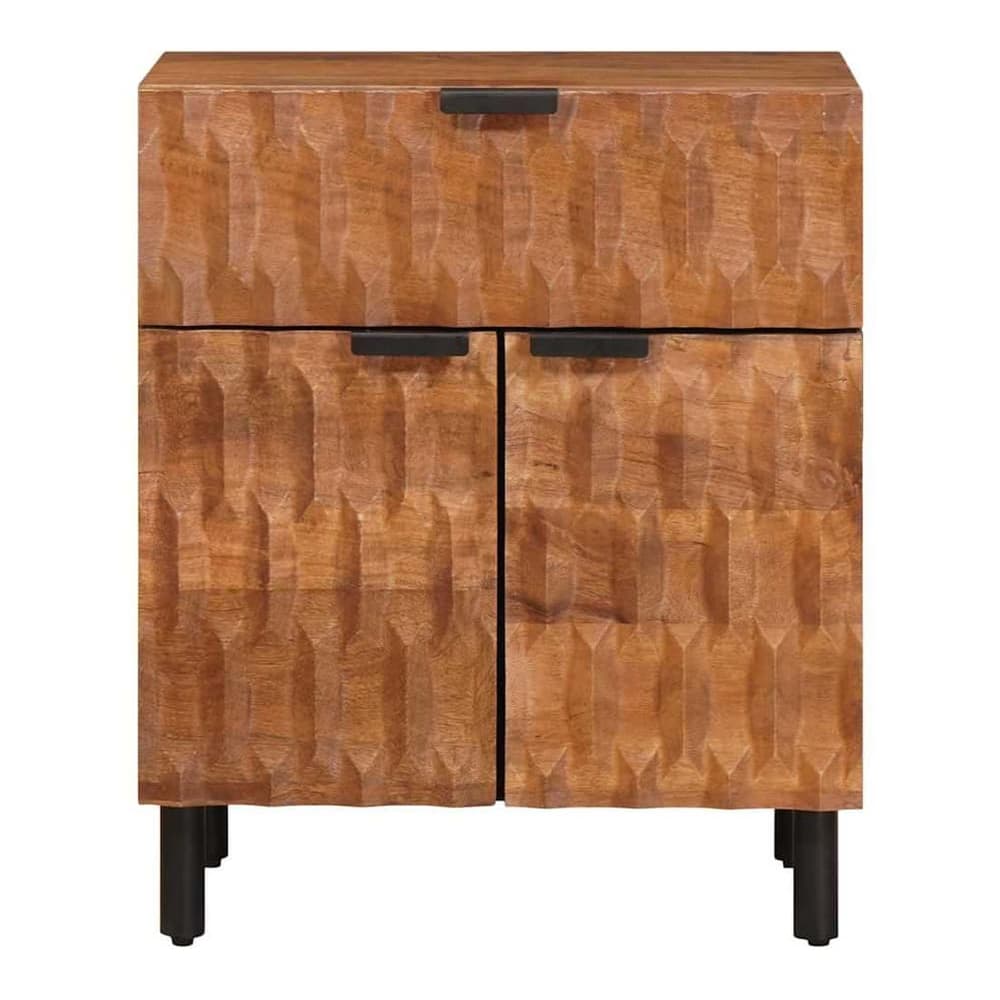 Bedside cabinet front view showing carved pattern on doors and drawer