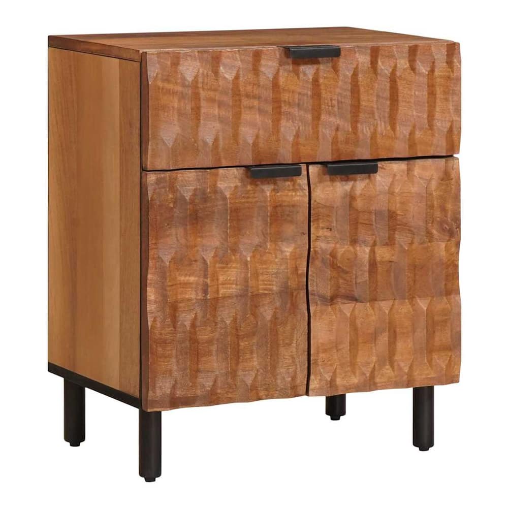 vidaXL Bedside Cabinet Brown Solid Mango Wood front view with carved detailing